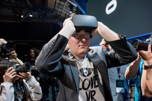 Palmer Luckey, co-founder of Oculus VR, demonstrates the new Oculus Rift headset during the "Step Into The Rift" event in San Francisco in June 2015.