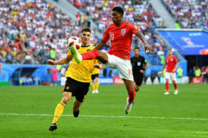Soccer Football - World Cup - Third Place Play Off - Belgium v England - Saint Petersburg Stadium, Saint Petersburg, Russia - July 14, 2018  England's Marcus Rashford in action with Belgium's Thomas Meunier   REUTERS/Dylan Martinez     TPX IMAGES OF THE DAY