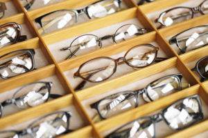 Display case of eyeglasses, close-up, high angle view