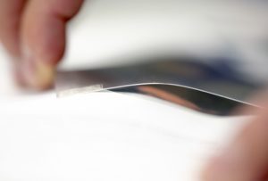 A new, flexible, transparent, sensor patch, which is sensitive to human touch, is displayed in professor Liwei Lin's lab at Etcheverry Hall, at UC Berkeley in Berkeley, Calif. on July 1, 2019. The sensor is being developed by graduate student Junwen Zhong. (Photo by Adam Lau/Berkeley Engineering)