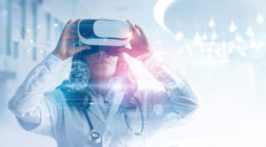 Medical technology concept. Mixed media. Female doctor wearing virtual reality glasses. Checking brain testing result with simulator interface, Innovative technology in science and medicine.