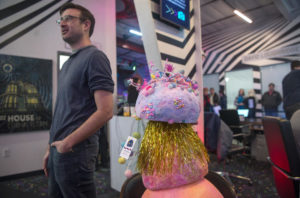 em022019j/jnorth/Vince Kadlubek, co-founder of Meow Wolf, stands next to one of their pip & pop sculptures in the lobby of their House of Eternal Return, in Santa Fe, Wednesday February 20, 2019. The pip & pop sculptures are used some of the new exhibits at Meow Wolf this year. (Eddie Moore/Albuquerque Journal)