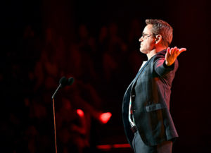 SANTA MONICA, CALIFORNIA - NOVEMBER 10: 2019 E! PEOPLE'S CHOICE AWARDS -- Pictured: Robert Downey Jr. speaks on stage during the 2019 E! People's Choice Awards held at the Barker Hangar on November 10, 2019 -- NUP_188995 (Photo by: Emma McIntyre/E! Entertainment/NBCU Photo Bank)