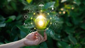 Hand holding light bulb against nature on green leaf with icons energy sources for renewable, sustainable development. Ecology concept. Elements of this image furnished by NASA.
