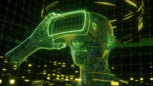 3D render, visualization of a man holding virtual reality glasses, electronic device, head surrounded by virtual data with neon green grid. Player one ready for the VR game. Virtual experience.